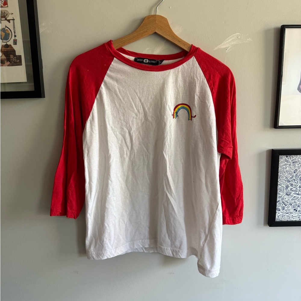 Daisy Street Red and White Raglan Long Sleeve Tees with rainbow cat design